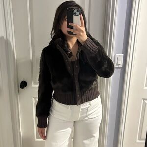 Vintage Juicy Couture Brown Cropped Fur Hoodie Quilted Lining, Size Small